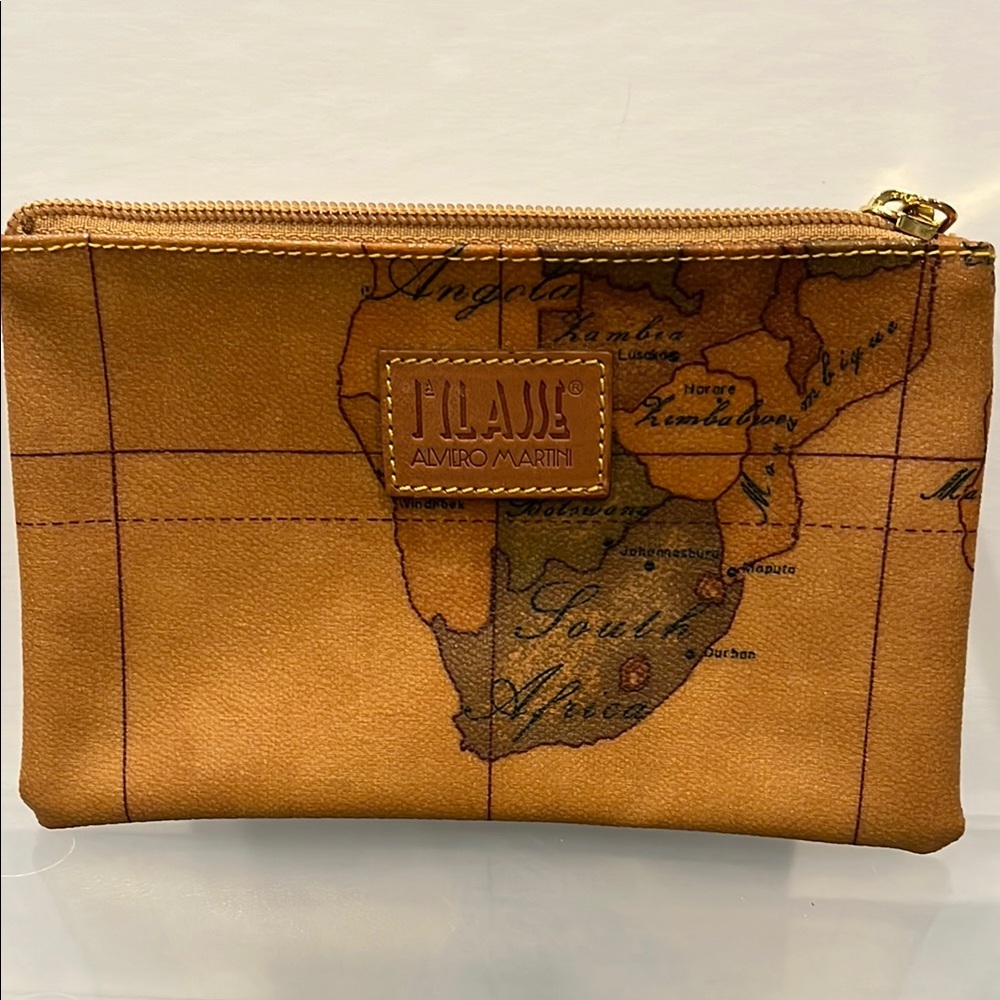 Alviero Martini Tan Cosmetic Bag with Vintage Map Design